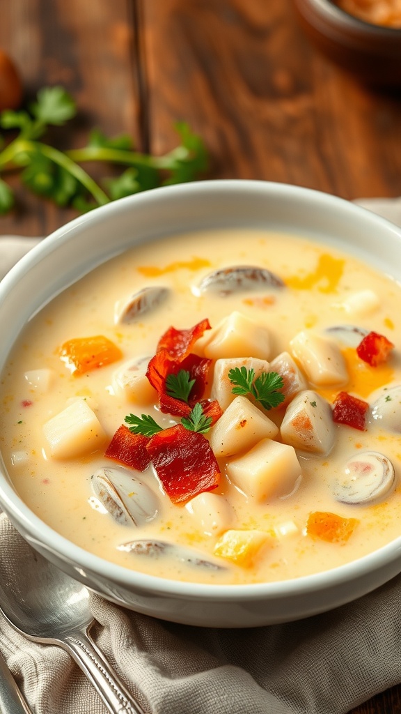 A bowl of clam chowder with bacon and parsley, on a rustic table.